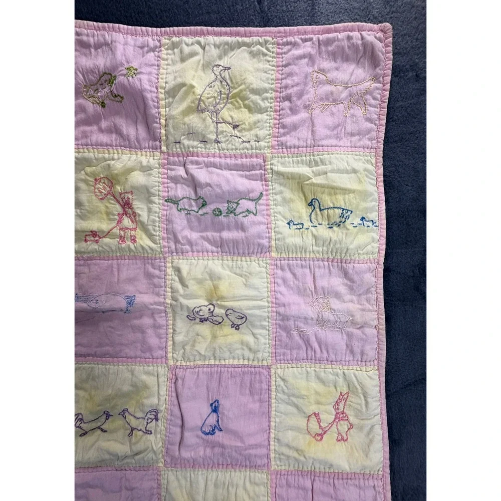 1940's Handmade Baby Quilt Pink Yellow Patchwork Embroidered Animal Nursery Folk